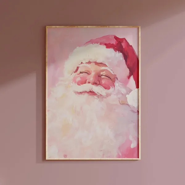 Pink Santa Claus Painting, Winter Holiday Art Print