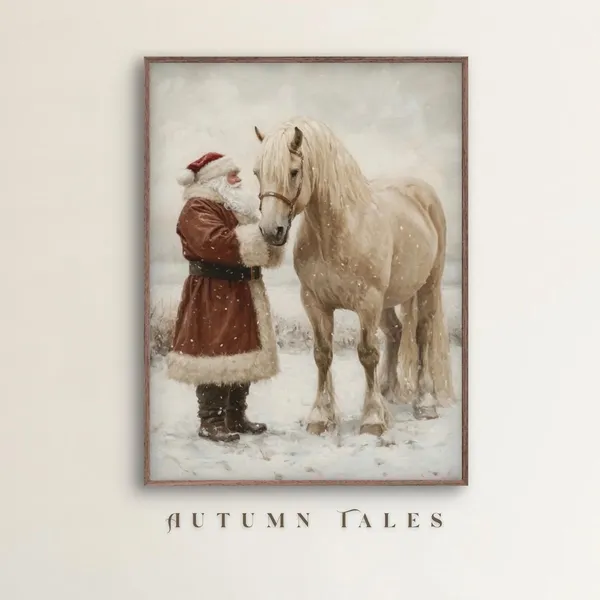 Vintage Santa Beige Clydesdale Horse Christmas Art Print
