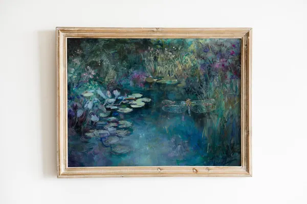 Dragonfly Painting Boho Art Print, Moody Landscape