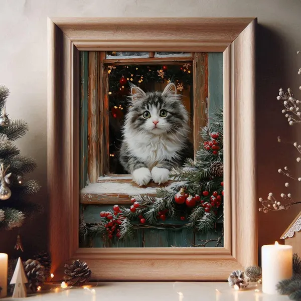 Tabby Cat Christmas Poster, Rustic Farmhouse Holiday