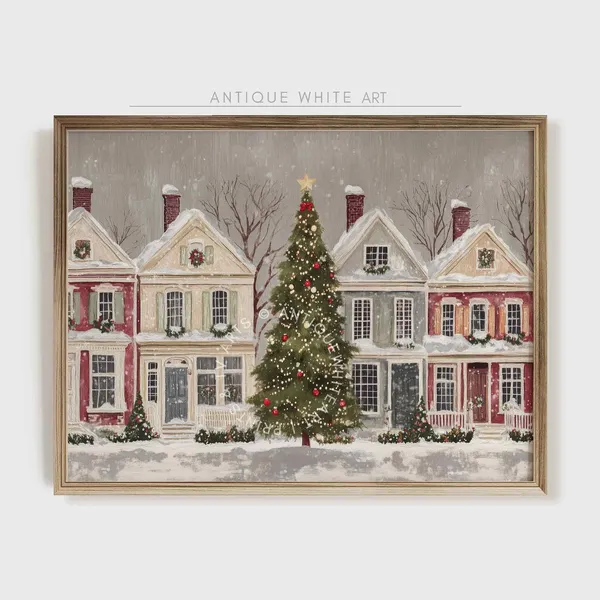 Rustic Christmas Town Print, Moody Winter Decor