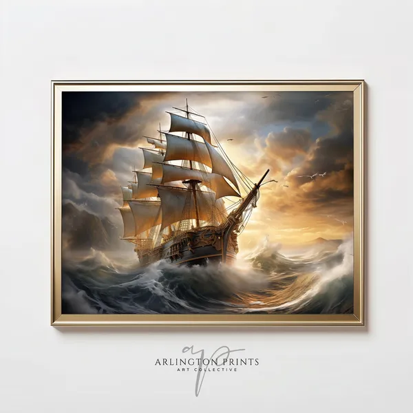 Antique Sea Ship Painting, Moody Nautical Art Print