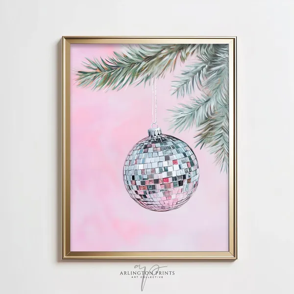 Pink Disco Ball Ornament Art Print, Preppy Christmas