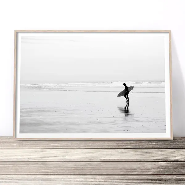 Black and White Surfer Photography, Coastal Poster