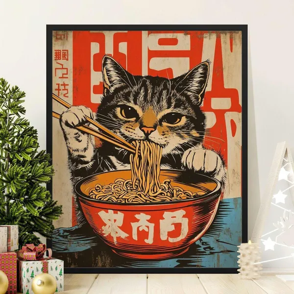 Vintage Cat Eating Noodles, Retro Kitchen Art Print