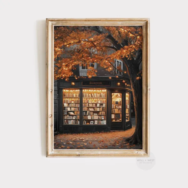 Autumn Bookstore Print, Moody Rustic Fall Shop Art