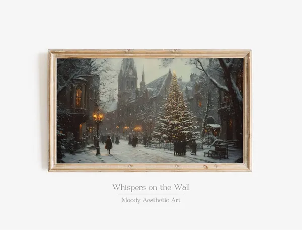 Christmas Tree Vintage Village Art Print, Moody Xmas
