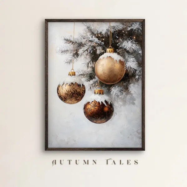 Gold Christmas Ornament Art Print, Snowy Pine Tree