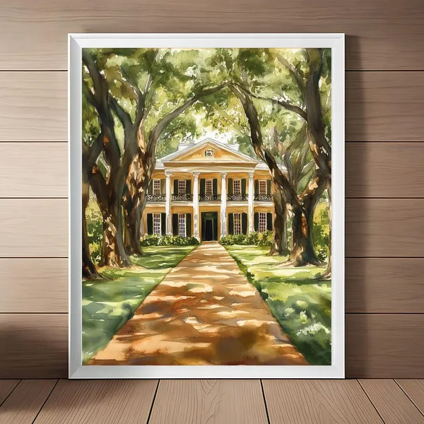 Oak Alley Plantation Watercolor Travel Poster, Louisiana
