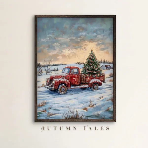 Vintage Red Truck Carrying Christmas Tree Art Print