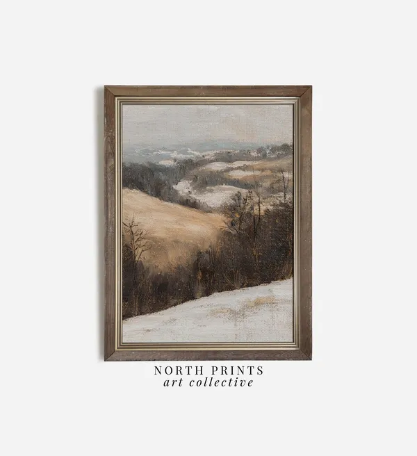 Rustic Winter Landscape Art Print, Farmhouse Christmas