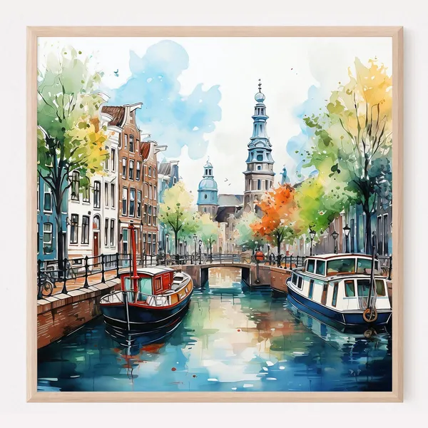 Amsterdam Canal Watercolor Travel Poster, Netherlands