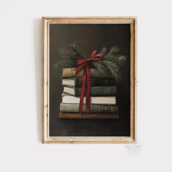 Moody Christmas Books Vintage Style Art Print