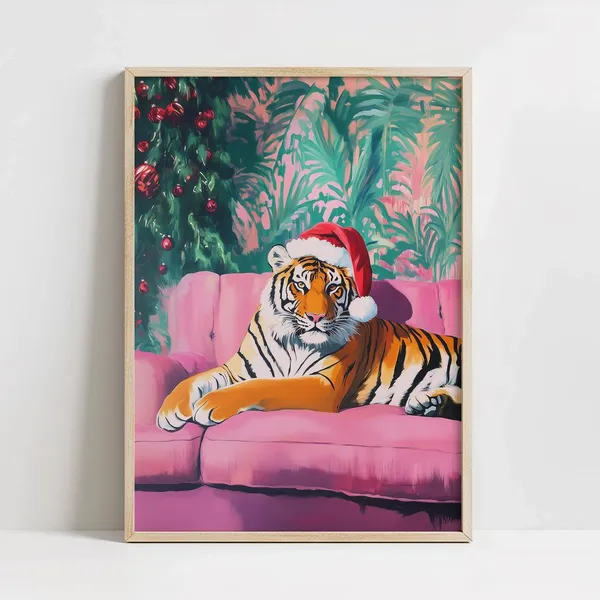 Christmas Tiger Wall Art, Preppy Maximalist Poster