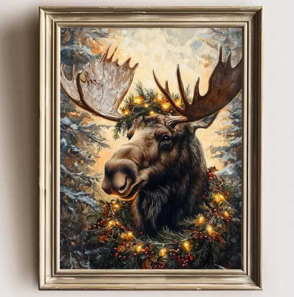 Vintage Christmas Moose Poster, Farmhouse Decor