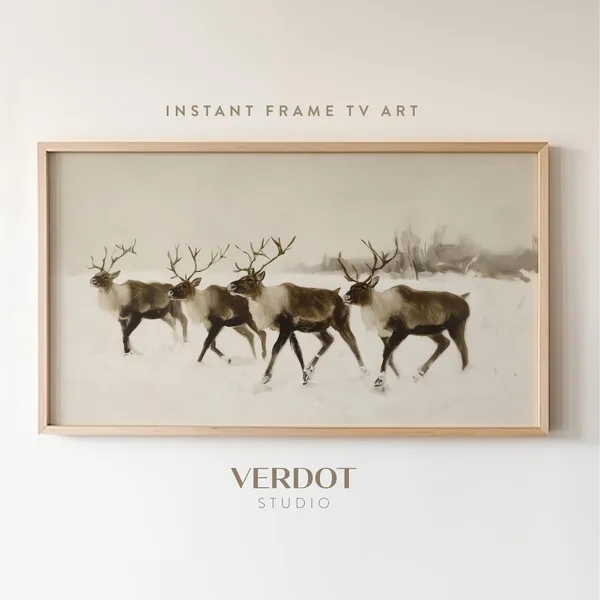 Santa's Reindeer Christmas Poster, Winter Animal Art