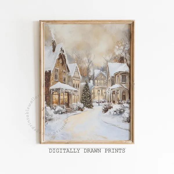 Winter Village Art Print, Neutral Farmhouse Holiday Decor