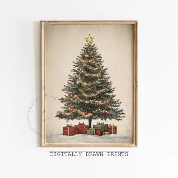 Neutral Christmas Tree Art Print, Rustic Farmhouse Decor