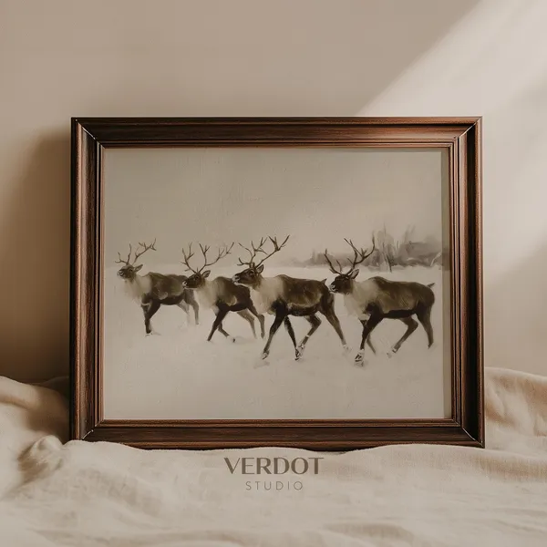 Santa's Reindeer Christmas Print, Neutral Holiday Art Print