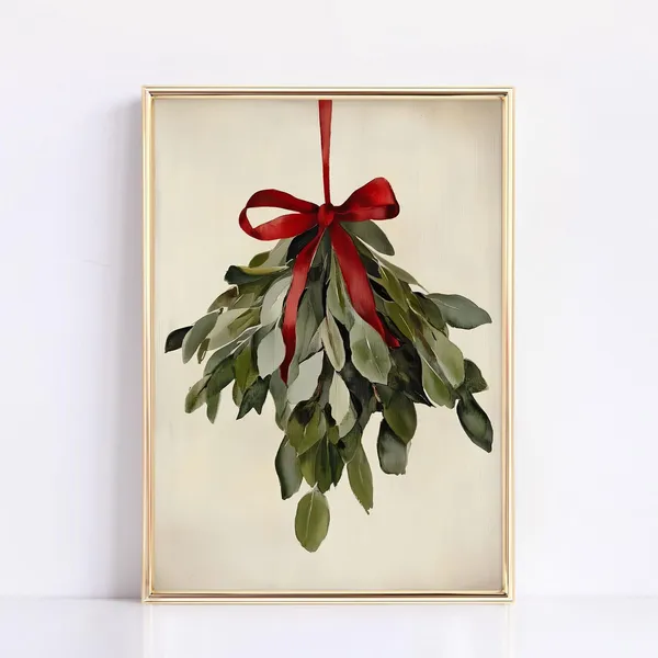 Vintage Christmas Mistletoe Painting, Farmhouse Decor