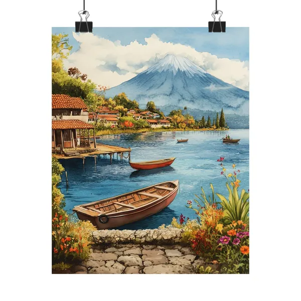 Lake Atitlan Watercolor Art Print, Guatemala Landscape
