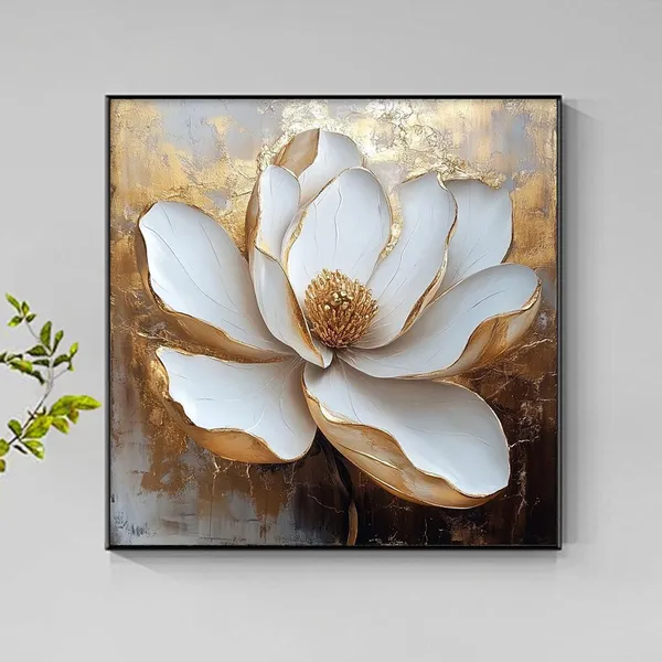 White Flower Oil Painting, White And Gold Art Print