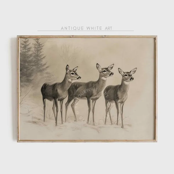 Rustic Christmas Deer Wall Art, Winter Reindeer Drawing