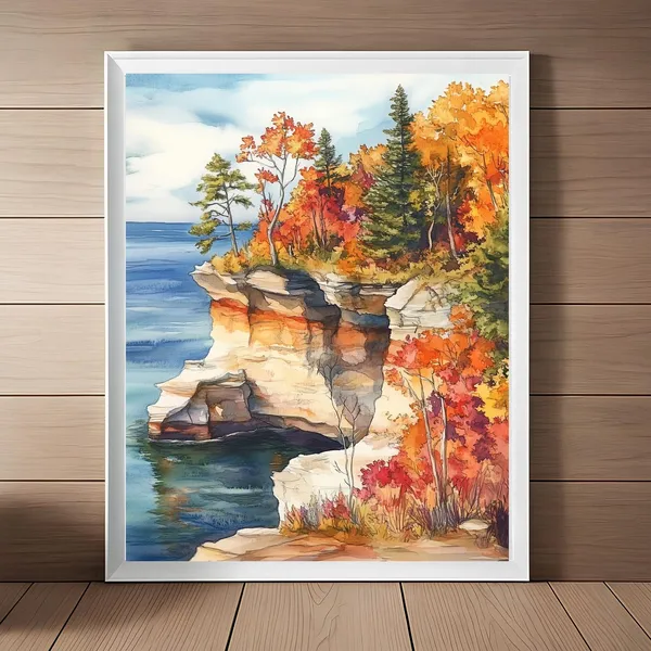 Pictured Rocks Watercolor Travel Poster, Michigan