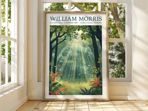 William Morris Style Autumn Forest Poster, Trees Stars