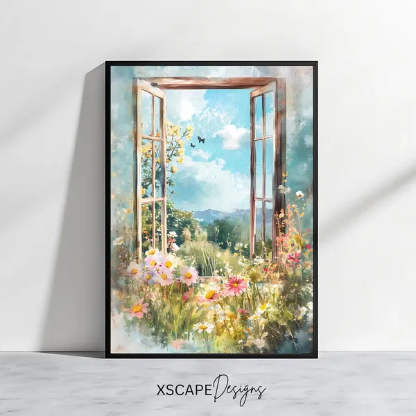 Open Window Floral View Art Print, Countryside Decor