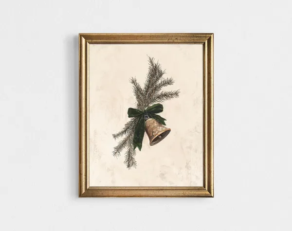 Christmas Bell Print, Rustic Modern Vintage Holiday Art