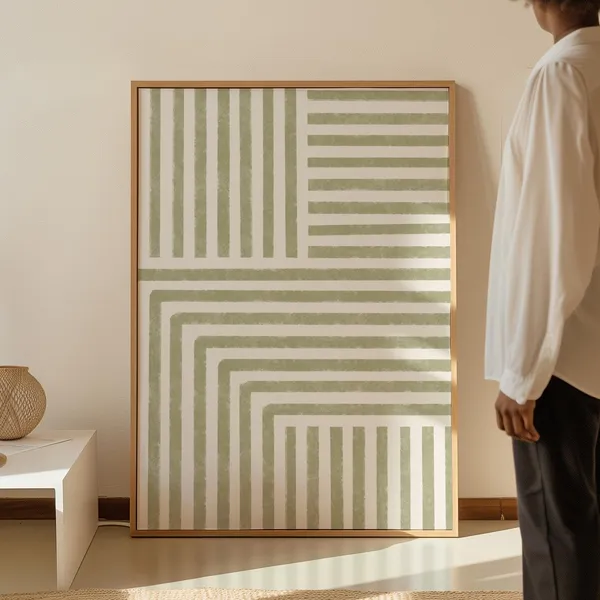 Sage Green Abstract Line Print, Mid Century Modern