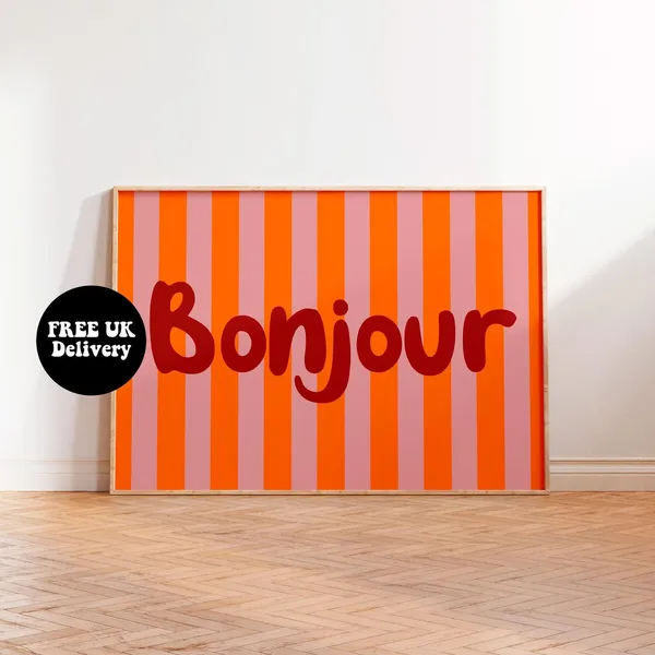 Bonjour Christmas Typography Poster, Vintage Retro Style