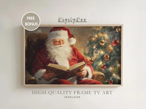 Vintage Christmas Santa Reading Book Art Print