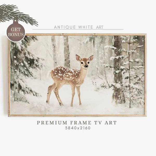 Baby Deer in Snowy Winter Landscape, Holiday Poster