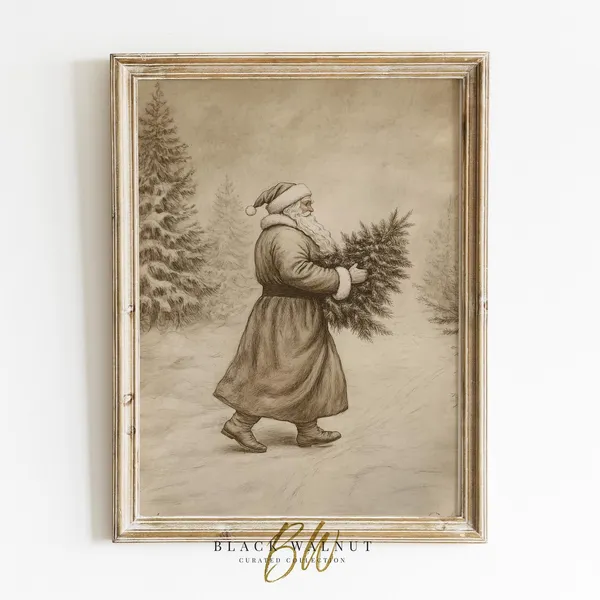 Vintage Santa Print, Minimalist Holiday Drawing