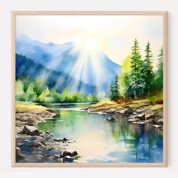 Mountain River In The Sun Watercolor Art Print
