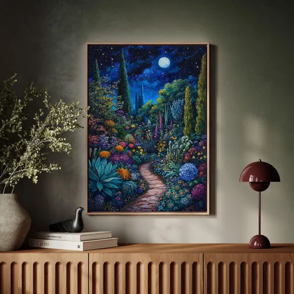 Moonlit Garden Path Art Print, Starry Night Scene
