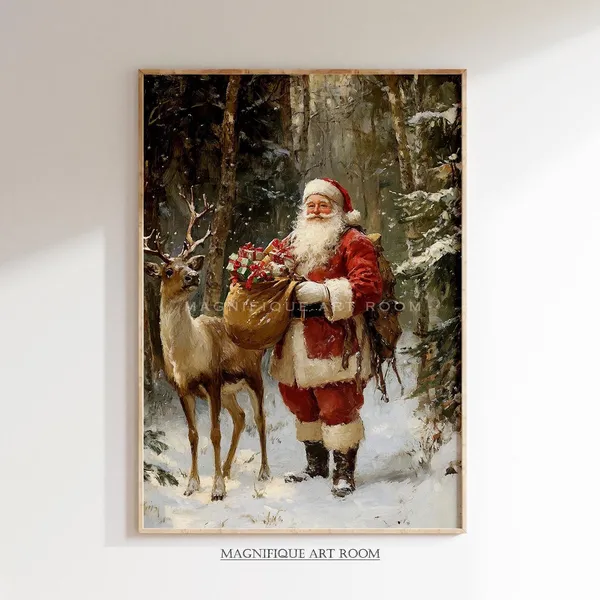 Vintage Santa Claus Christmas Art Print, Cottagecore