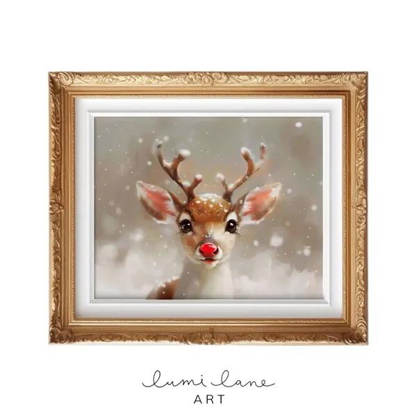 Reindeer Christmas Art Print, Festive Deer Portrait