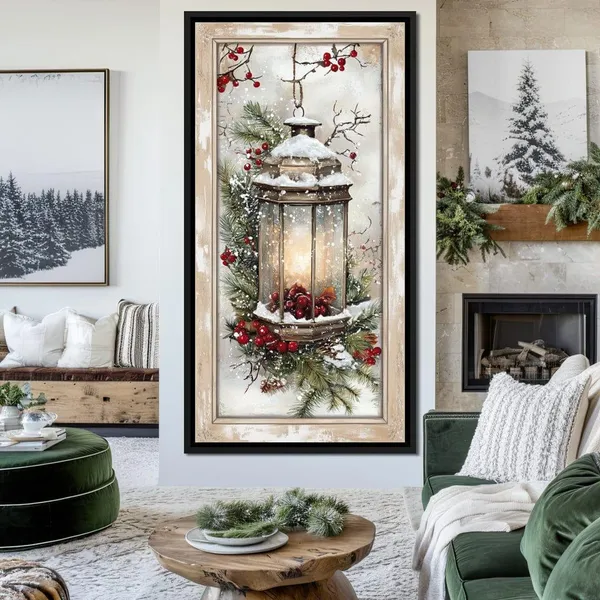 Rustic Christmas Lantern, Winter Holiday Wall Art