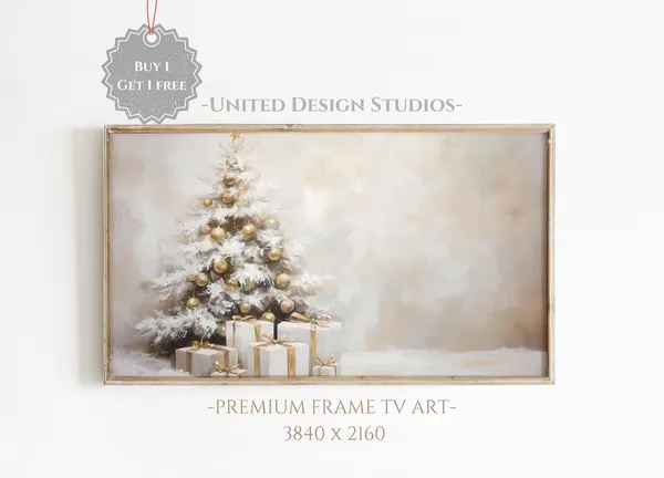 Neutral Christmas Tree and Presents Holiday Art Print