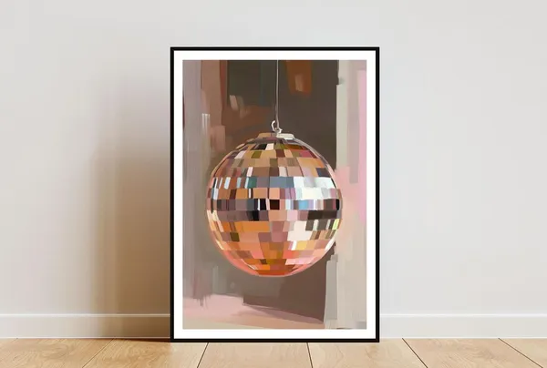 Disco Ball Poster, Pink Minimalist Music Wall Art