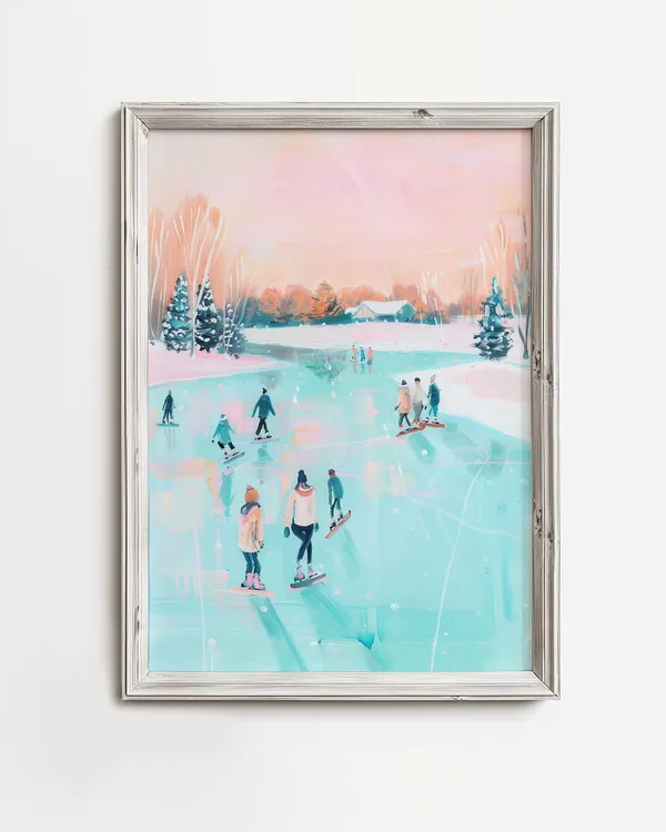 Vintage Ice Skating On Pond Art Print, Holiday Decor