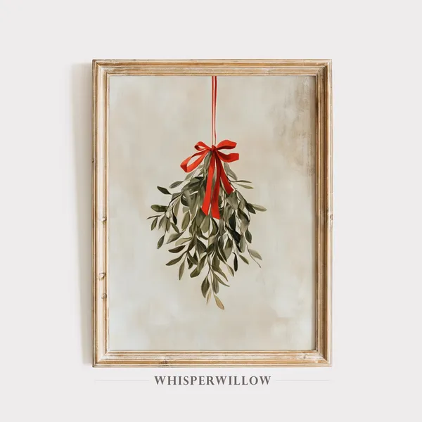 Holiday Mistletoe With Red Ribbon, Christmas Art Print