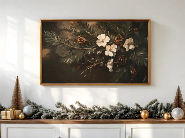Winter Floral Frame TV Art, Vintage Christmas Print