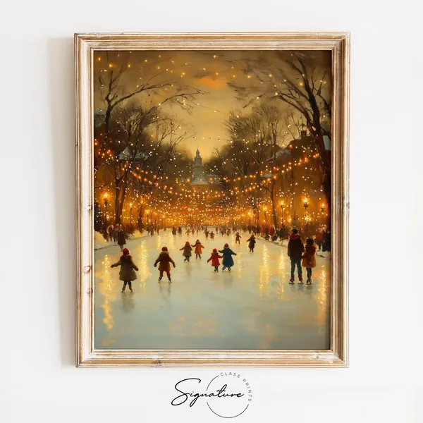Ice Skating Children Under Christmas Lights, Vintage Print