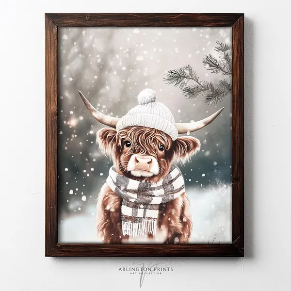 Scottish Highland Cow Art Print, Farmhouse Christmas Decor