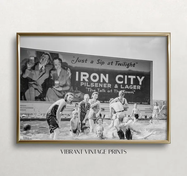 Vintage Beach Beer Ad Art Print, Black and White