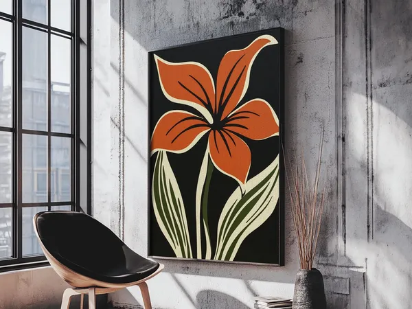 Orange Flower On Black Background, MCM Style Art Print